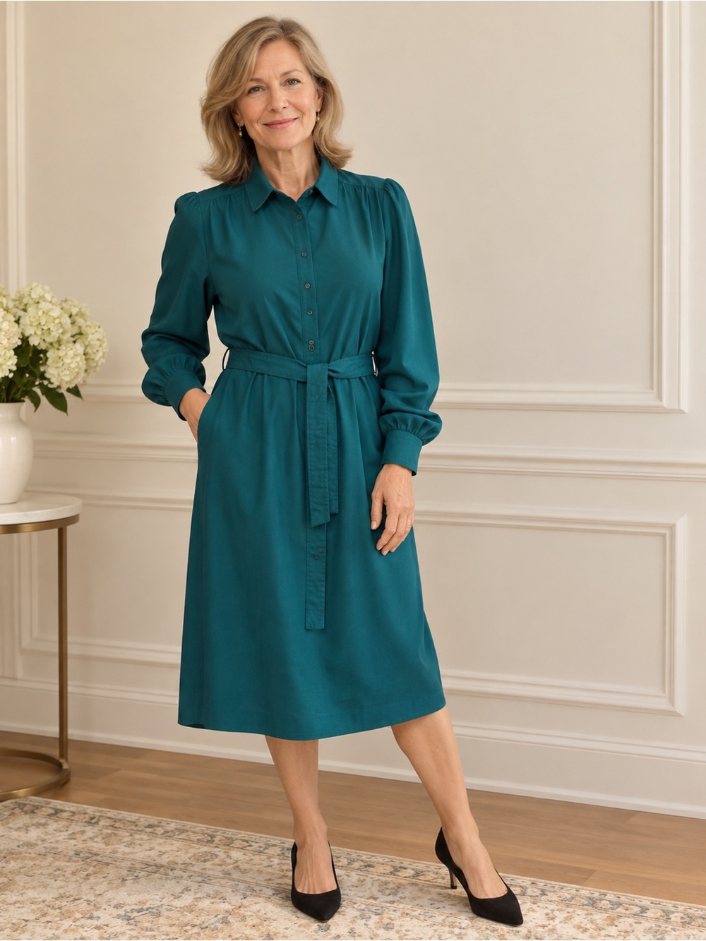 Vintage Eaton Teal Belted Shirt Dress Size 18